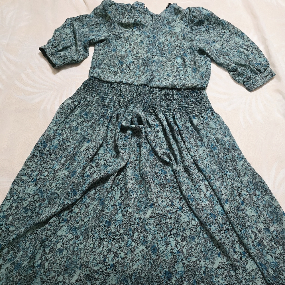 Vintage 80s Toni Petite Blue Green Sheer Floral Midi Dress Short Sleeve